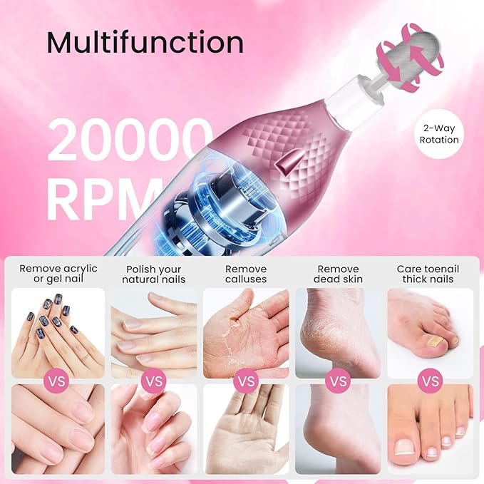 36-Piece Professional Manicure Pedicure Kit-Cordless Electric Nail File Kit,20000RPM, 11Pcs Bits,4 Speed,Rechargeable Pedicure Tool for Feet,Hand Foot Care Nail Drill Tool for Nail Grind Trim Polish-FemmiqueWomen