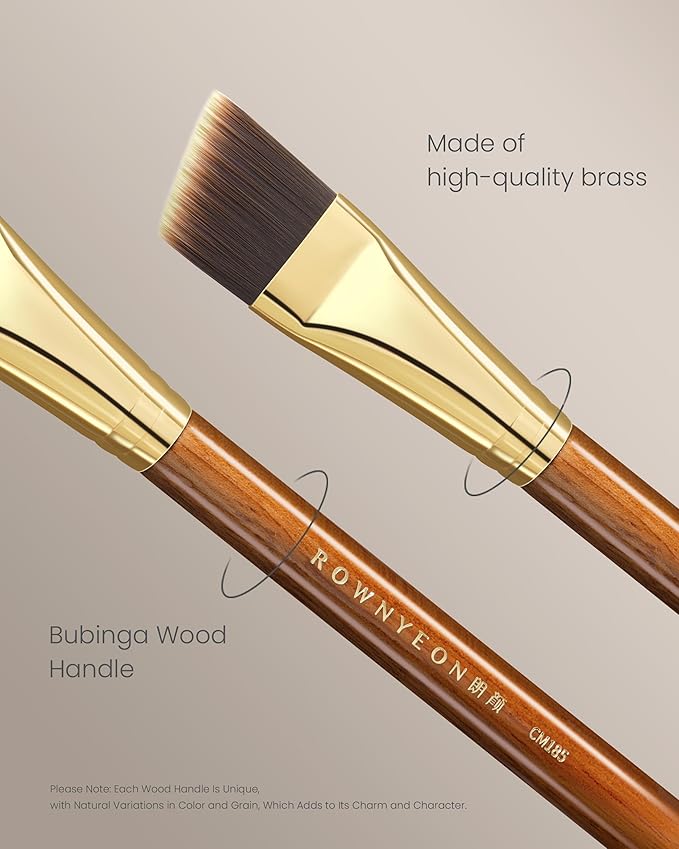 Desert Oak Series Angled Foundation Brush - 20mm Thin Contour Head for Cream/Stick Foundation, Precision Buffing & Detailing, Bubinga Handle & Brass Ferrule (CM 185)-FemmiqueWomen