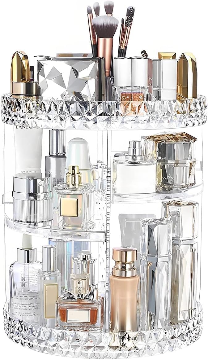 ZHIAI 360 Rotating Makeup Organizer, Large Capacity Cosmetics Organizer for Perfume Holder Organizer Countertop, DIY Adjustable Bathroom Makeup Carousel Holder Rack, Clear Diamond-FemmiqueWomen