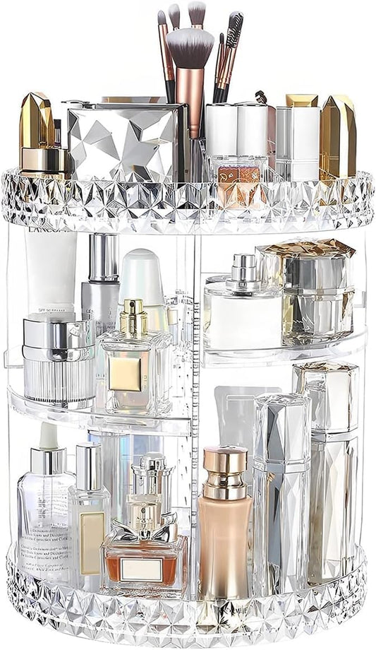 ZHIAI 360 Rotating Makeup Organizer, Large Capacity Cosmetics Organizer for Perfume Holder Organizer Countertop, DIY Adjustable Bathroom Makeup Carousel Holder Rack, Clear Diamond-FemmiqueWomen