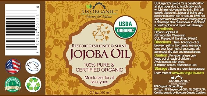 US Organic Jojoba Oil, USDA Certified Organic,100% Pure & Natural, Cold Pressed Virgin, Unrefined, Haxane Free, Sourced from Middle East directly (Small (2oz, 56ml))-FemmiqueWomen