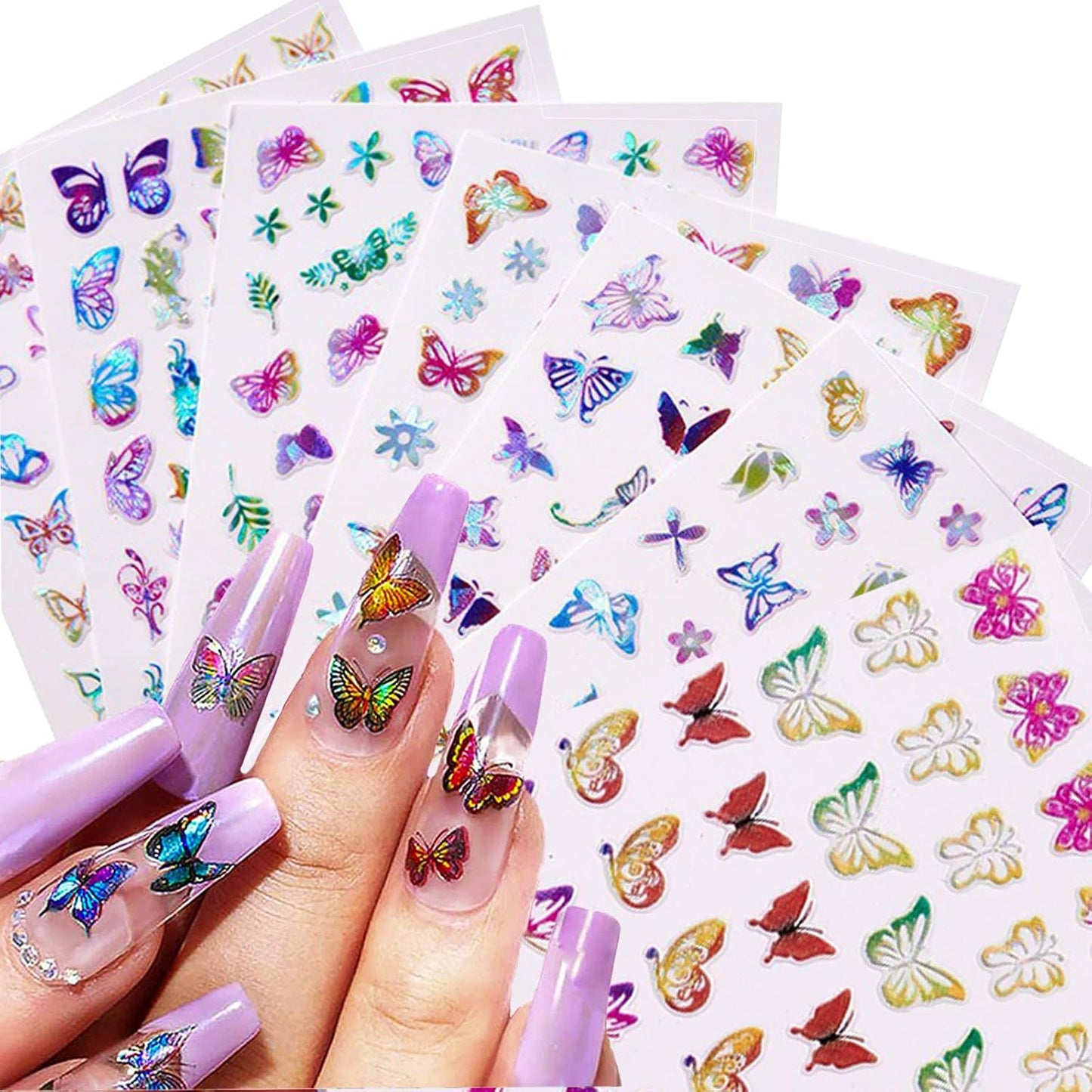 16 Sheets Butterfly Nail Art Stickers 3D Colorful Butterfly Self-Adhesive Design Nail Decals Pegatinas Uñas Holographic Laser Butterfly Nail Supplies for Women Acrylic Nail Art Decoration Accessories-FemmiqueWomen