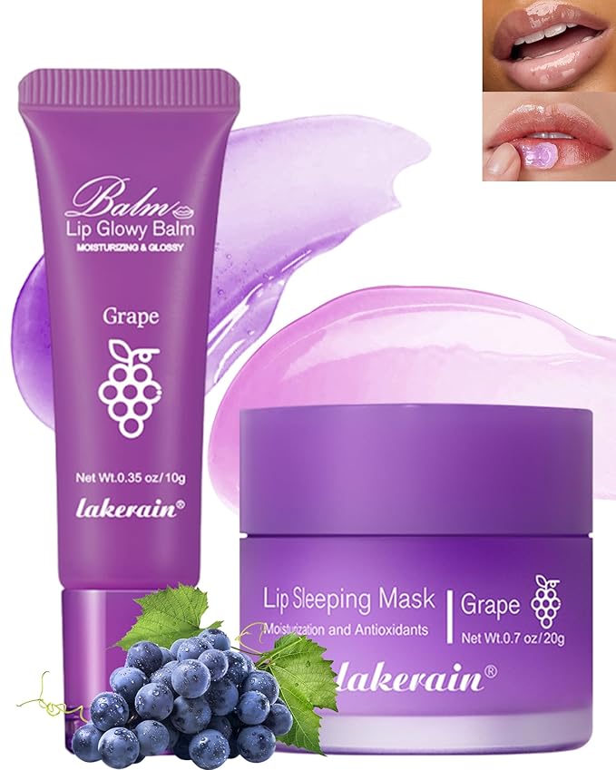 2Pcs Lip Glowy Balm & Lip Sleeping Mask Set,Hydrating Nourishing Repair Sleeping Lip Mask,Glossy Tinted Lip Balm,Day & Night Smooth Cracked Chapped Dry Lip,Lip Care Therapy Treatment for Women-04Grape-FemmiqueWomen