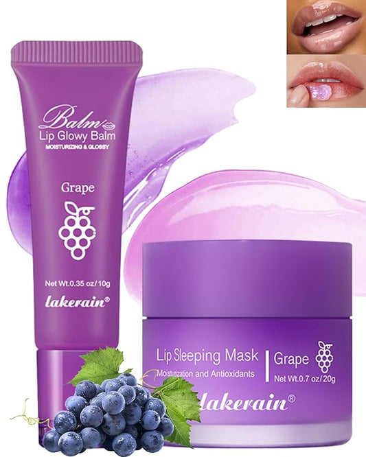 2Pcs Lip Glowy Balm & Lip Sleeping Mask Set,Hydrating Nourishing Repair Sleeping Lip Mask,Glossy Tinted Lip Balm,Day & Night Smooth Cracked Chapped Dry Lip,Lip Care Therapy Treatment for Women-04Grape-FemmiqueWomen