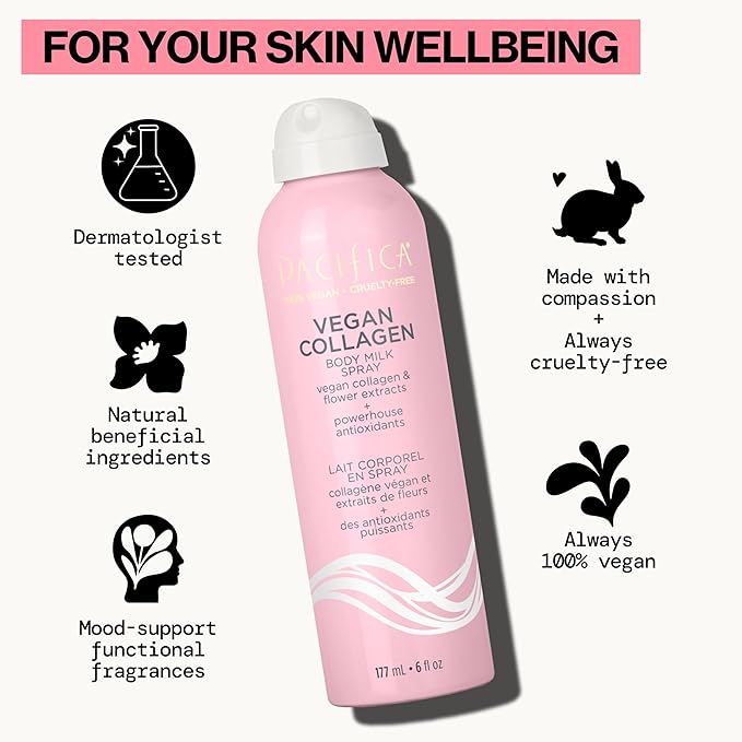 Pacifica Spray Lotion for Body - Vegan Collagen Body Milk Spray – Hydrating Moisturizer Mist Fast-Absorbing Instantly Hydrates & Softens Skin Jasmine & Vanilla Natural Scent Clean Beauty Non-Aerosol-FemmiqueWomen