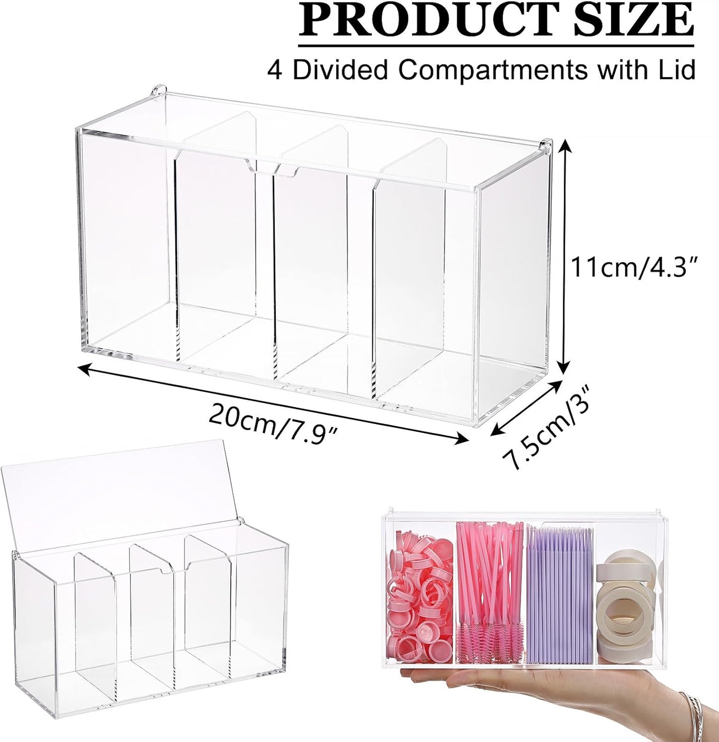 ELLDOO Lash Extension Organizer Box with Lid, Acrylic Eyelash Supplies Organizer Storage Box, 4 Compartments Bathroom Supplies Storage Container for Cotton Swabs, Balls, Pads, Floss Picks-FemmiqueWomen