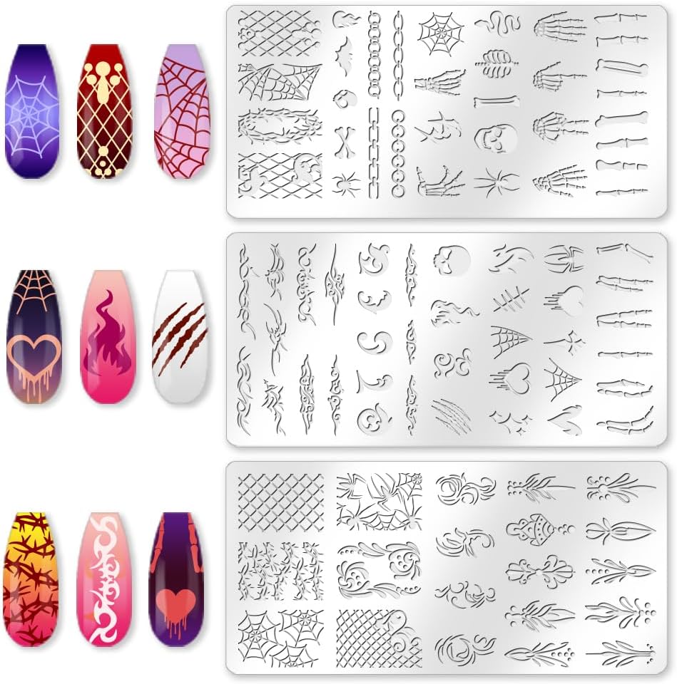 3Pcs Bone Skull Nail Stamping Plate Set Halloween Skeleton Gothic Nail Stamp Templates Cobweb Bat Thorns Metal Reusable Tools with Stamper Scraper for Manicure Printing-FemmiqueWomen
