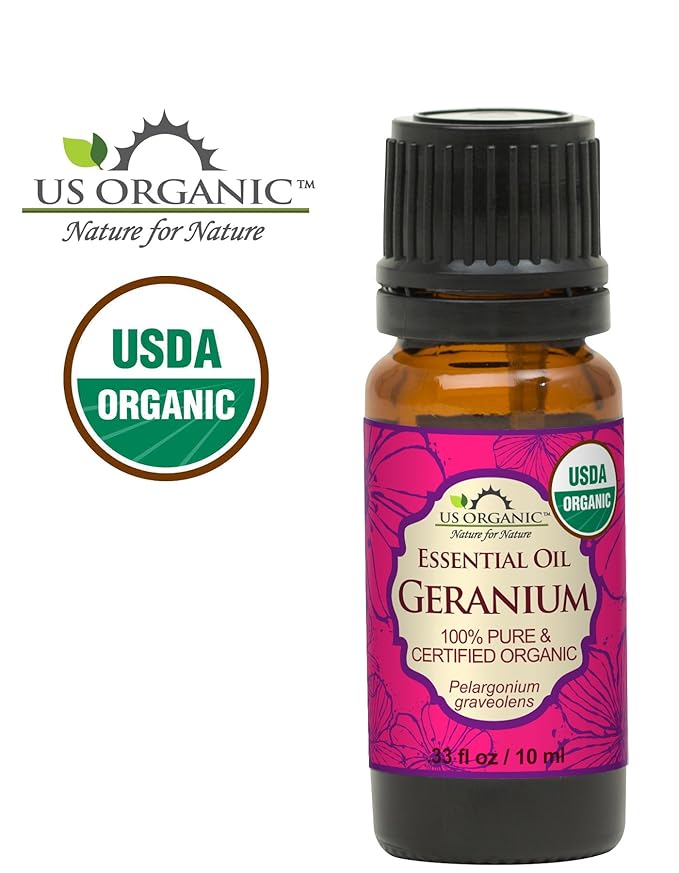 US Organic 100% Pure Geranium Essential Oil - USDA Certified Organic, Steam Distilled - W/Euro droppers (More Size Variations Available) (10 ml / .33 fl oz)-FemmiqueWomen