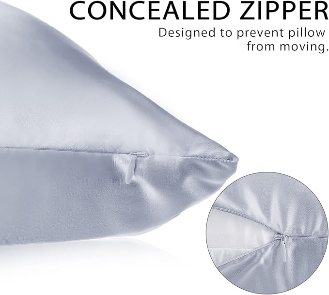 2 Pack Satin Pillowcase with Latent Zipper, Adjustable Satin Eye Mask for Sleeping and Satin Volume Scrunchie for Hair and Skin, Standard Size (Silver,Classic Style)-FemmiqueWomen
