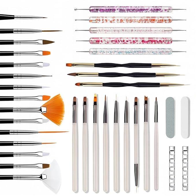 36Pcs Nail Art Brush Set, Acrylic Nail Brushes, Dotting Tools, Liner & Dust Brush, Drawing Pens For Gel Polish, sponge Polishing Rubs, Professional Nail Art Tools For Beginners & Salon Home Use-FemmiqueWomen