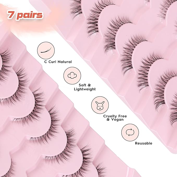 Cat Eyelashes Natural Eye Lashes 12mm False Lashes Wispy Thin Band 3D Volume Fake Eyelash C Curl Lash Pack Natural Look 7 Pair-FemmiqueWomen