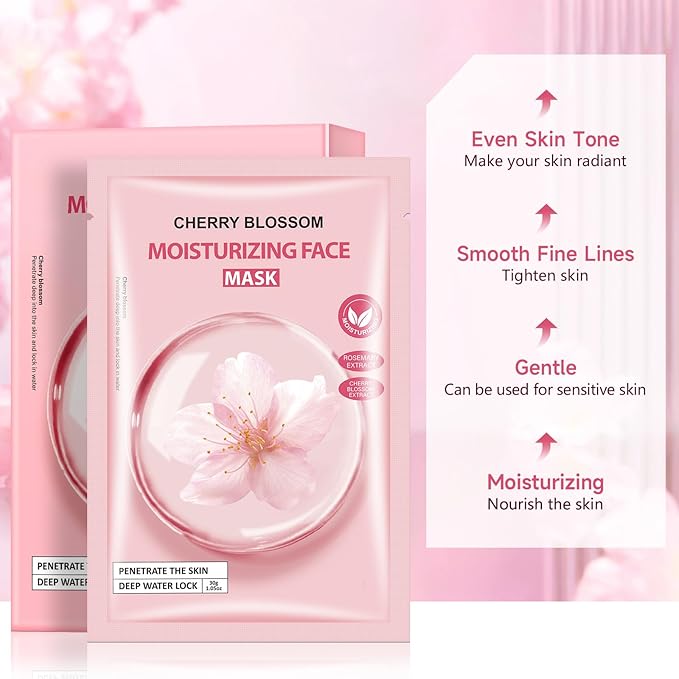 5 Pack Sheets Face Masks Skincare For All Skin Types, Cherry Facial Sheet Masks, Hydrating Facial Sheets Mask for Firming, Sheet Mask with Cherry Blossom Face Mask for Glowing Skin-FemmiqueWomen