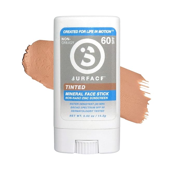 Surface Mineral Sunscreen Face Stick SPF 60, Lightweight Non-Nano Zinc Oxide Formula, Reef Friendly, Broad Spectrum UVA UVB Protection, Water Resistant Sun Care for 80 Minutes, Tinted, 0.5oz-FemmiqueWomen