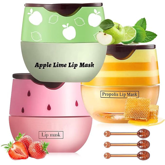 3 PCS Bee Lip Balm Lip Mask Honey Pot, Honey & Strawberry & Apple Lime Lip Mask Propolis Moisturizing Lip Balm with Stick, Sleeping Lip Mask Hydrating Prevention Dry & Cracked Lip Scrubs-FemmiqueWomen