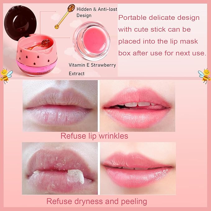 2 PCS Bee Lip Balm Honey Pot, Watermelon Apple Bee Lip Balm Sleeping Lip Mask Overnight with Sticks, Honey Pot Lip Balm Hydrating Exfoliating Prevention Dry and Crack Lip Scrubs-FemmiqueWomen