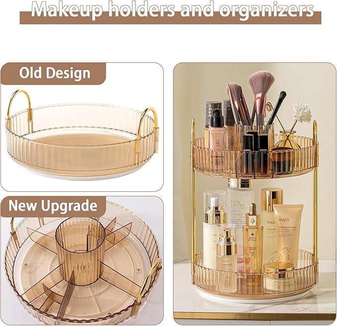 Rotating Makeup Organizer for Vanity, High-Capacity Skincare Clear Make Up Storage Perfume Organizers Cosmetic Dresser Organizer Countertop 360 Spinning (Gold, New-2 Tier)-FemmiqueWomen