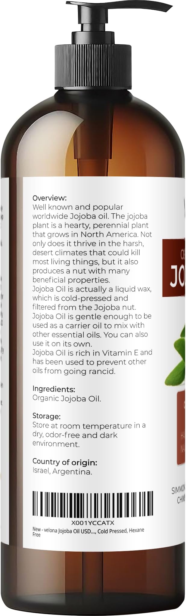 velona Jojoba Oil USDA Certified Organic - 16 fl oz (With Pump) | 100% Pure and Natural | Golden, Unrefined, Cold Pressed, Hexane Free | Moisturizing Face, Hair, Body, Skin Care-FemmiqueWomen