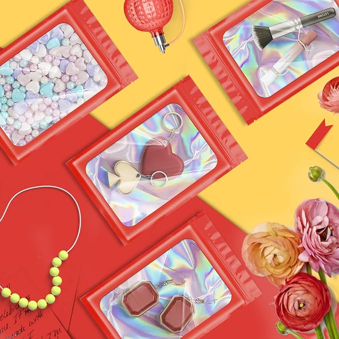 100 Pieces Smell Proof Mylar Resealable Bags, Holographic Packaging Bags, Resealable Odor Foil Pouch Zip Bag with Clear Window for Food Storage and Lipgloss, Jewelry Lash (Red, 3.5 x 6.3 Inch)-FemmiqueWomen