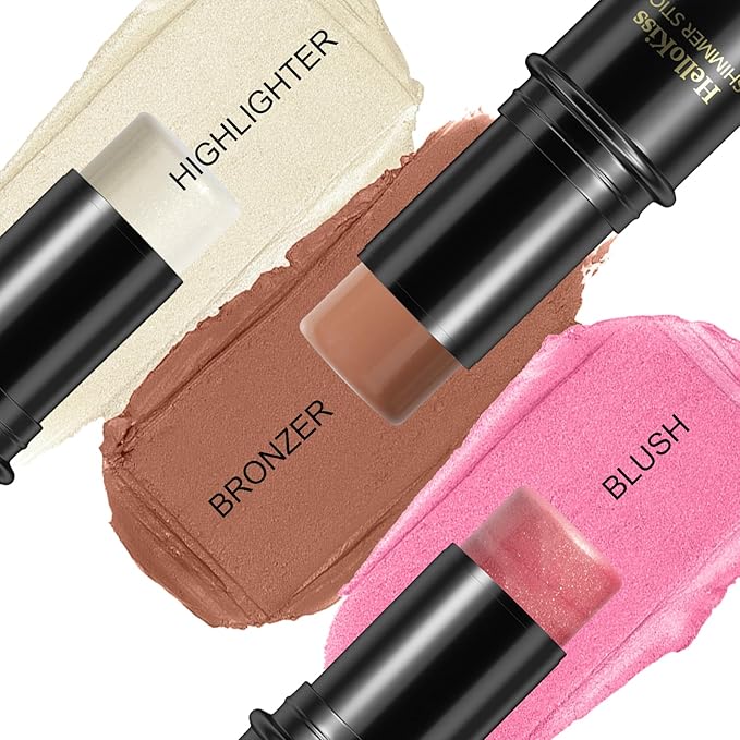 3 Pcs Face Contour Stick Kit, Matte Finish Face Stick Trio with Bronzer Blush Highlighter and Brush, Long Lasting Waterproof Cream Beauty Wand Makeup Set for Sculpt Glowing Face Look (#2, 7, 11)-FemmiqueWomen