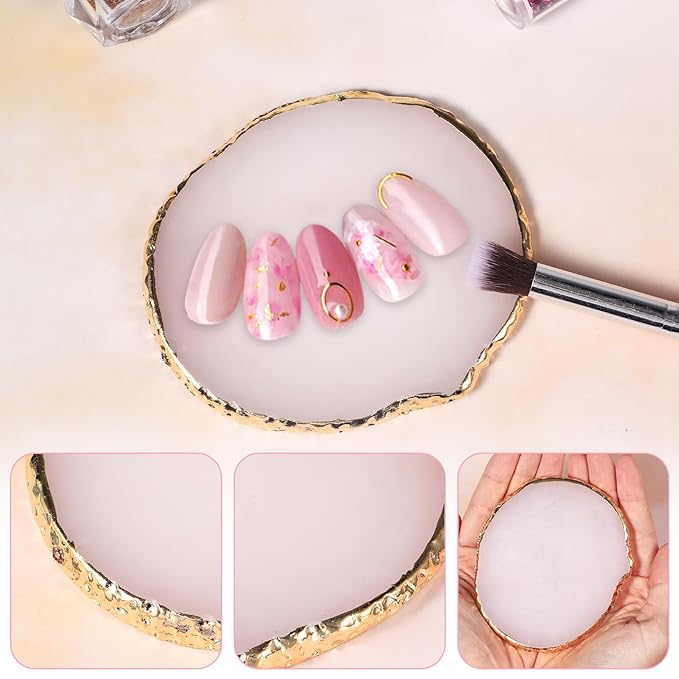 2pcs Resin Nail Art Palette Nail Painting Mixed Color Palette Gold Edge Round Makeup Holder Heart Shape Nail Polish Plate Cosmetic Mixing Tools Nail Gel Display Board-FemmiqueWomen