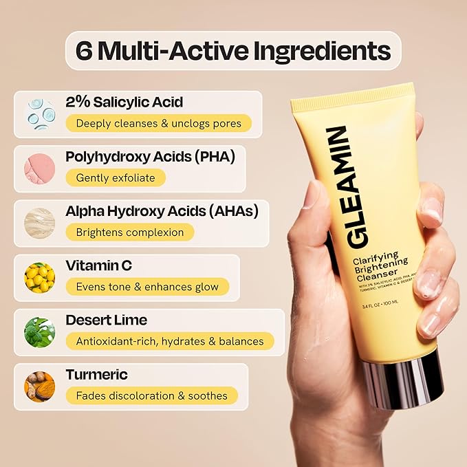 Gleamin Vitamin C Face Wash & Facial Cleanser - Cream to Foam 2% Salicylic Acid Cleanser with Paw Paw & Turmeric - Gentle Exfoliating Facewash for Women & Men, Oily & Combination Skin, 3.4 fl oz-FemmiqueWomen