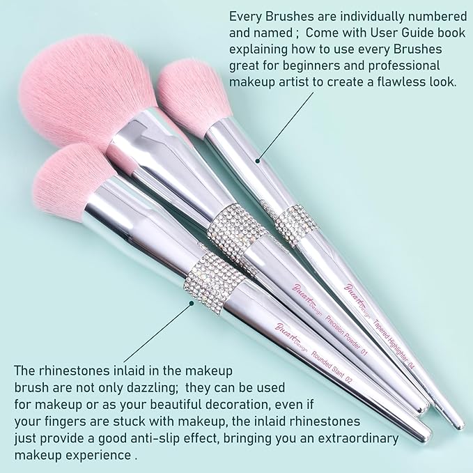Bueart Design Elegant pink Ultra soft labeled Makeup Brushes Sets with Brush Holder makeup brush set with Foundation Powder blush blending contour Brush (15Pcs Silver Pink+Holder)-FemmiqueWomen