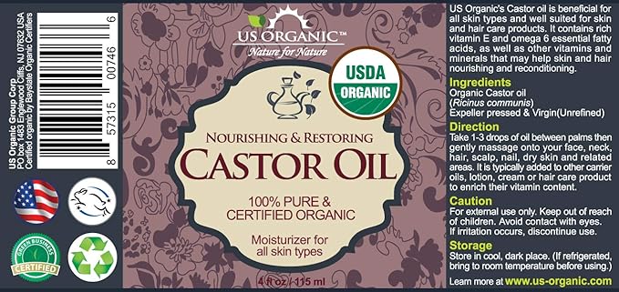 US Organic Castor Oil, USDA Certified Organic,Expeller Pressed, Hexane Free, 100% Pure & Natural moisturizing and emollient properties, For Skin, Hair Care, Eyelashes, DIY projects (4 oz (115 ml))-FemmiqueWomen