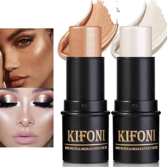 2 Pcs Cream Contour Stick Makeup Kit, Cream Highlighter Stick & Contour Bronzer Stick for Cheeks, Lightweight Blendable Smooth -Highlighter (#03 Champagne Gold #06 Silver)-FemmiqueWomen
