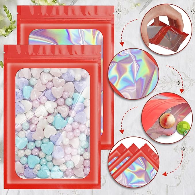 100 Pieces Smell Proof Mylar Resealable Bags, Holographic Packaging Bags, Resealable Odor Foil Pouch Zip Bag with Clear Window for Food Storage and Lipgloss, Jewelry Lash (Red, 3.5 x 6.3 Inch)-FemmiqueWomen