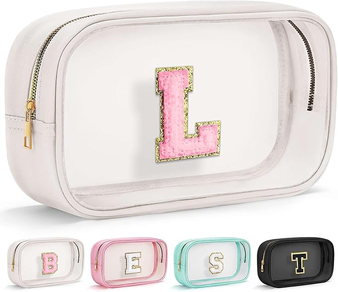 YOOLIFE Initial Makeup Bag Travel Toiletry Bag Clear Makeup Bag Preppy Cosmetic Bag Gifts for Girls Kids Graduation Gifts Birthday Gifts for Girls Kids Birthday Gifts Swim Gifts White L-FemmiqueWomen