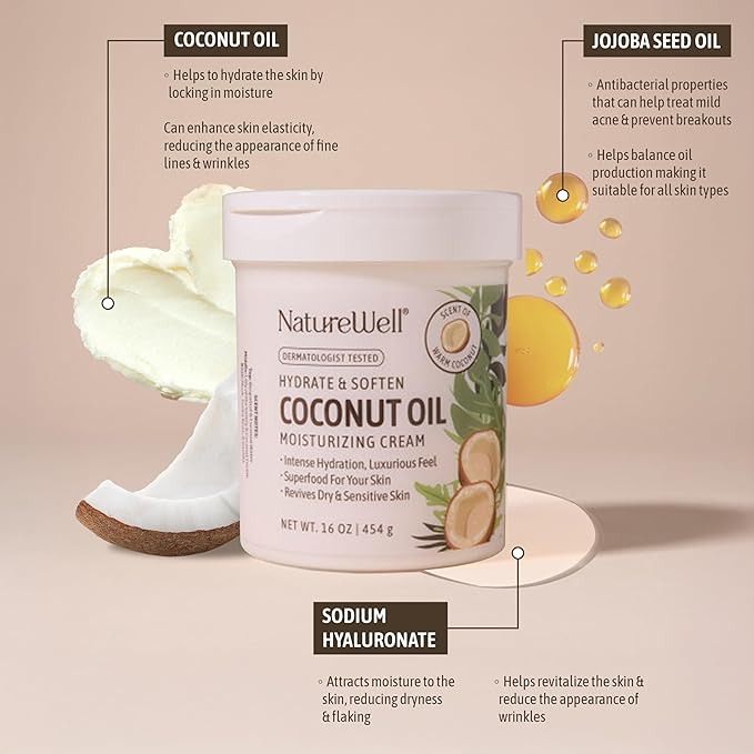 NATURE WELL Hydrate & Soften Coconut Oil Moisturizing Cream for Face, Body, & Hands, Non-Greasy, Intense Hydration & Luxurious Feel, Revives Dry & Sensitive Skin, Superfood for Your Skin, 16 Oz-FemmiqueWomen