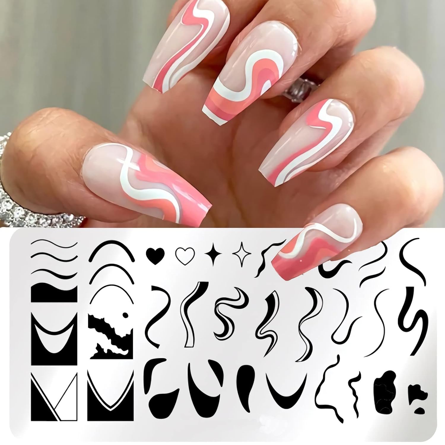 1 Pcs French Nail Stamping Plates Wavy Striped Tip Nail Stamp Template Heart Nail Design Stencil-FemmiqueWomen