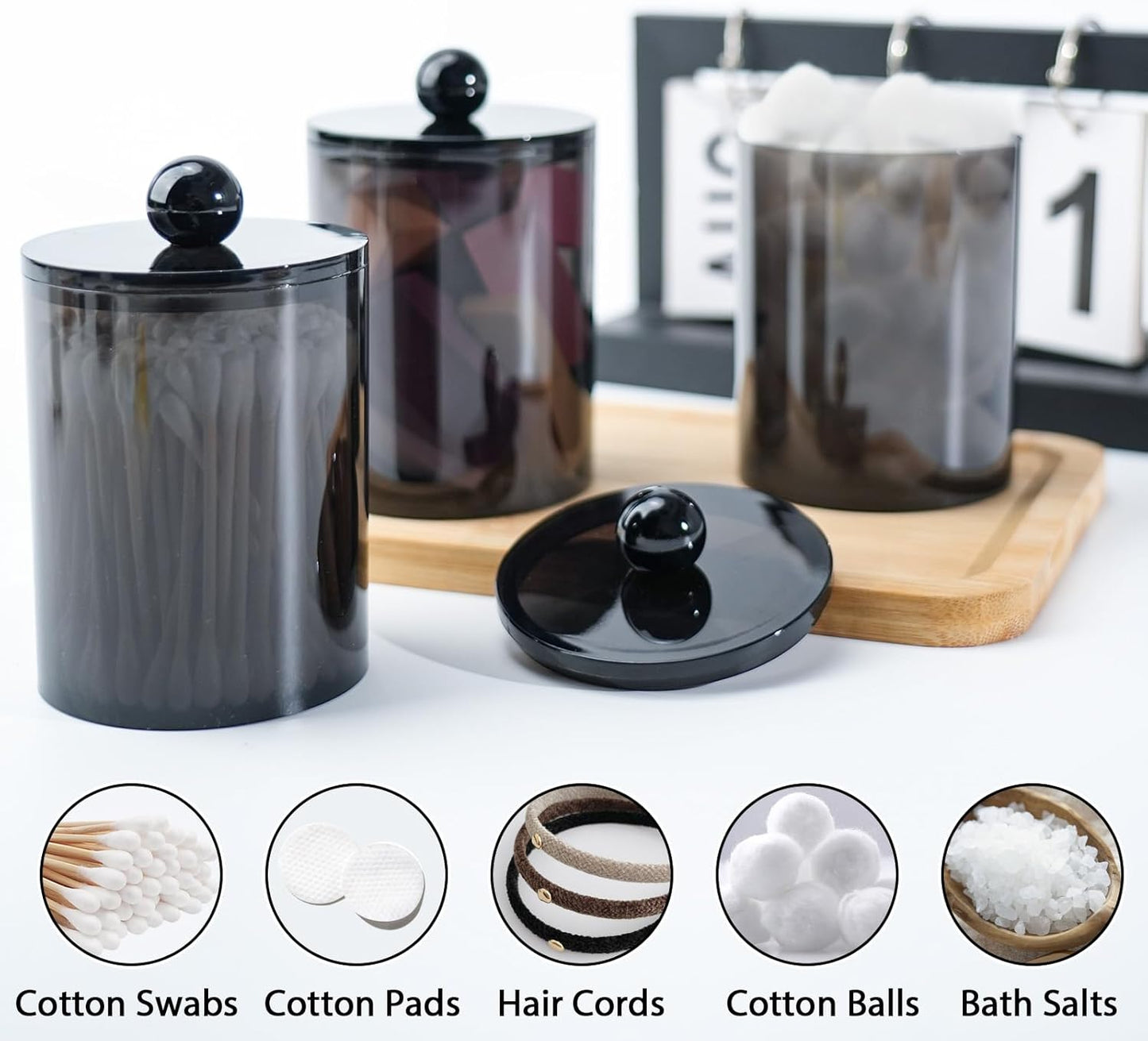 2 Pack Qtip Holder,Canister Apothecary Jar Set, Bathroom Jars with Lids Set for Cotton Swabs, Balls, Pads, Floss Picks,10oz-12oz Plastic Canisters Restroom Bedroom Vanity Organizer(Black)-FemmiqueWomen