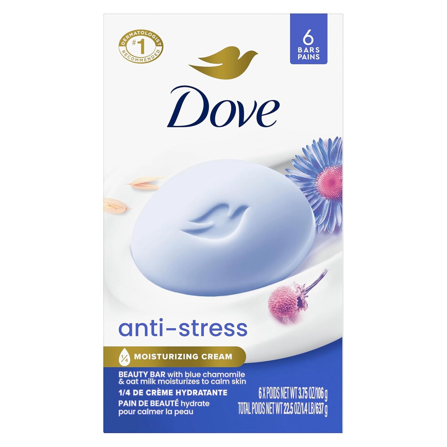 "Dove Anti-Stress Blue Chamomile And Oat Milk Moisturizes to Calm Skin Soap 106g Pack Of 6-FemmiqueWomen