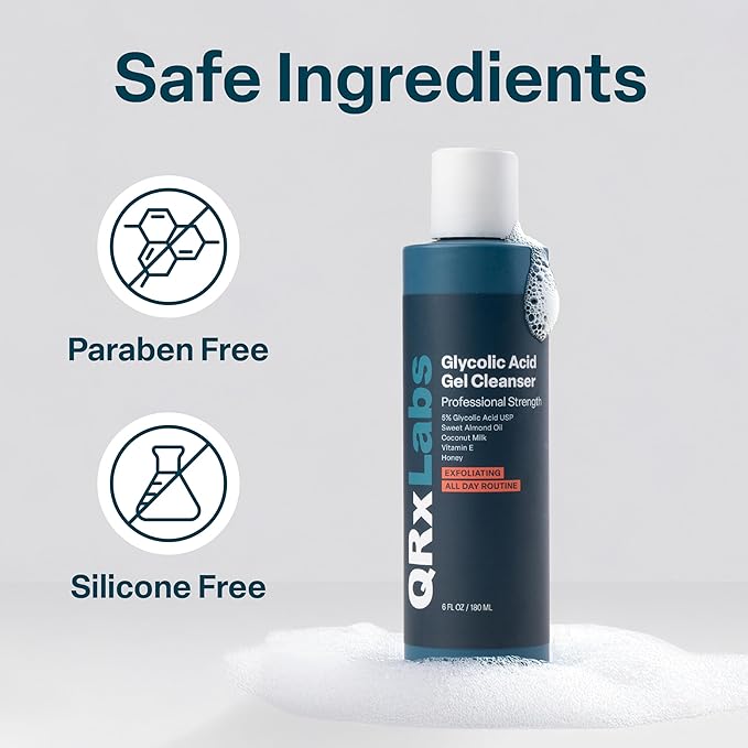 QRxLabs Glycolic Acid Face Wash – Gentle Exfoliating Gel Cleanser for Smoother Looking Skin – Helps Improve Texture & Hydration – Ideal for Blemish-Prone Skin and Ingrown Hairs – 6 oz-FemmiqueWomen