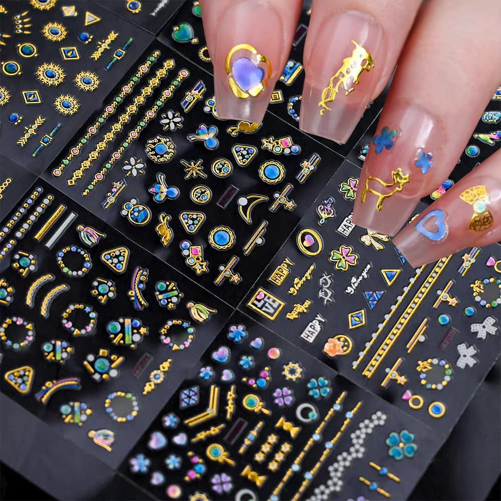 30 Sheets Gem Star Nail Stickers 3D Self Adhesive Luxury Blue Gems Theme Nail Art Charms Sticker Decals for Crafts Supplies Accessories (ST-BG)-FemmiqueWomen