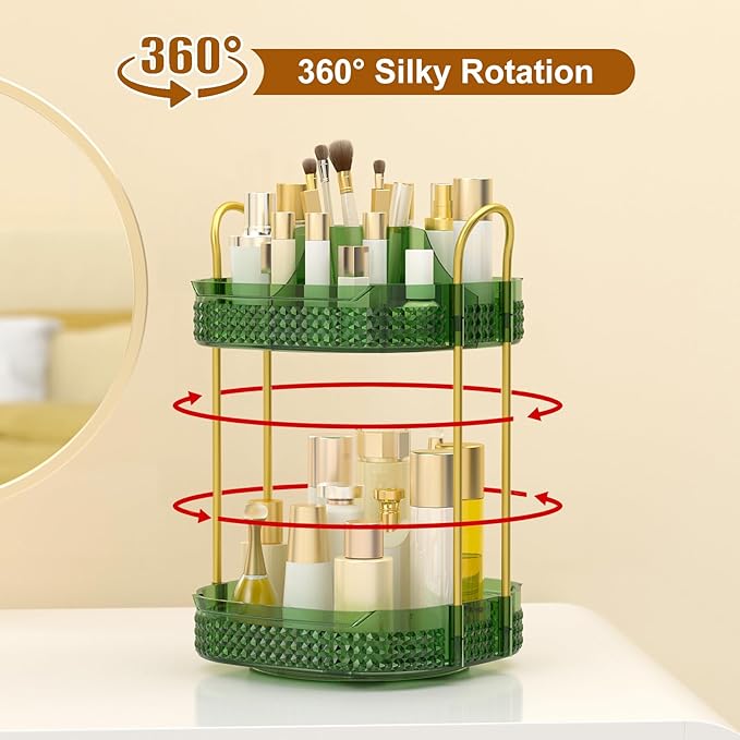 360° Rotating Makeup Organizer 2 Tier, Large Skincare Clear Make Up Storage Spinning Perfume Organizers for Bathroom Counter Dresser, Green-FemmiqueWomen