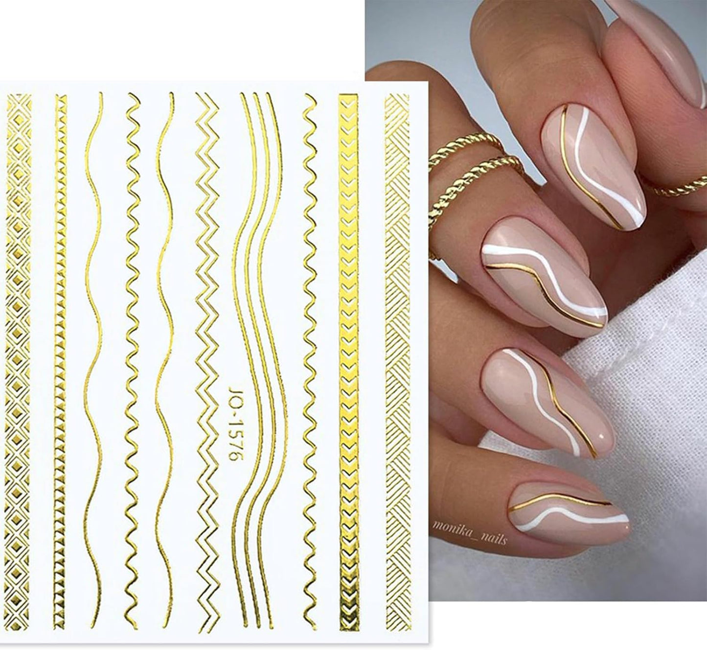 12 Sheets Gold Nail Stickers, 3D Self-Adhesive Metal Geometric Stripe Wave Nail Sticker, Gold Nail Art Designs, Style-c-FemmiqueWomen