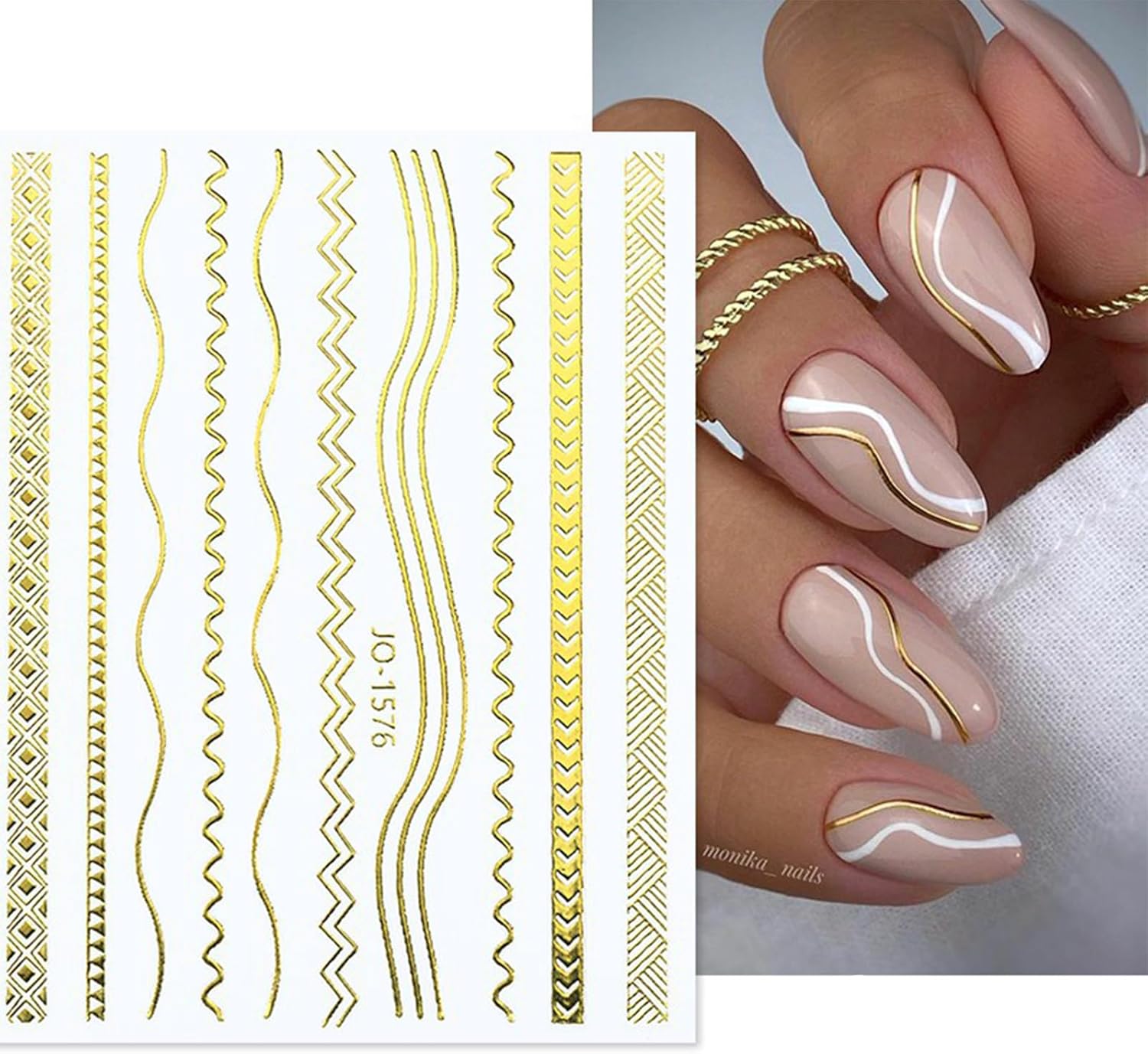 12 Sheets Gold Nail Stickers, 3D Self-Adhesive Metal Geometric Stripe Wave Nail Sticker, Gold Nail Art Designs, Style-c-FemmiqueWomen