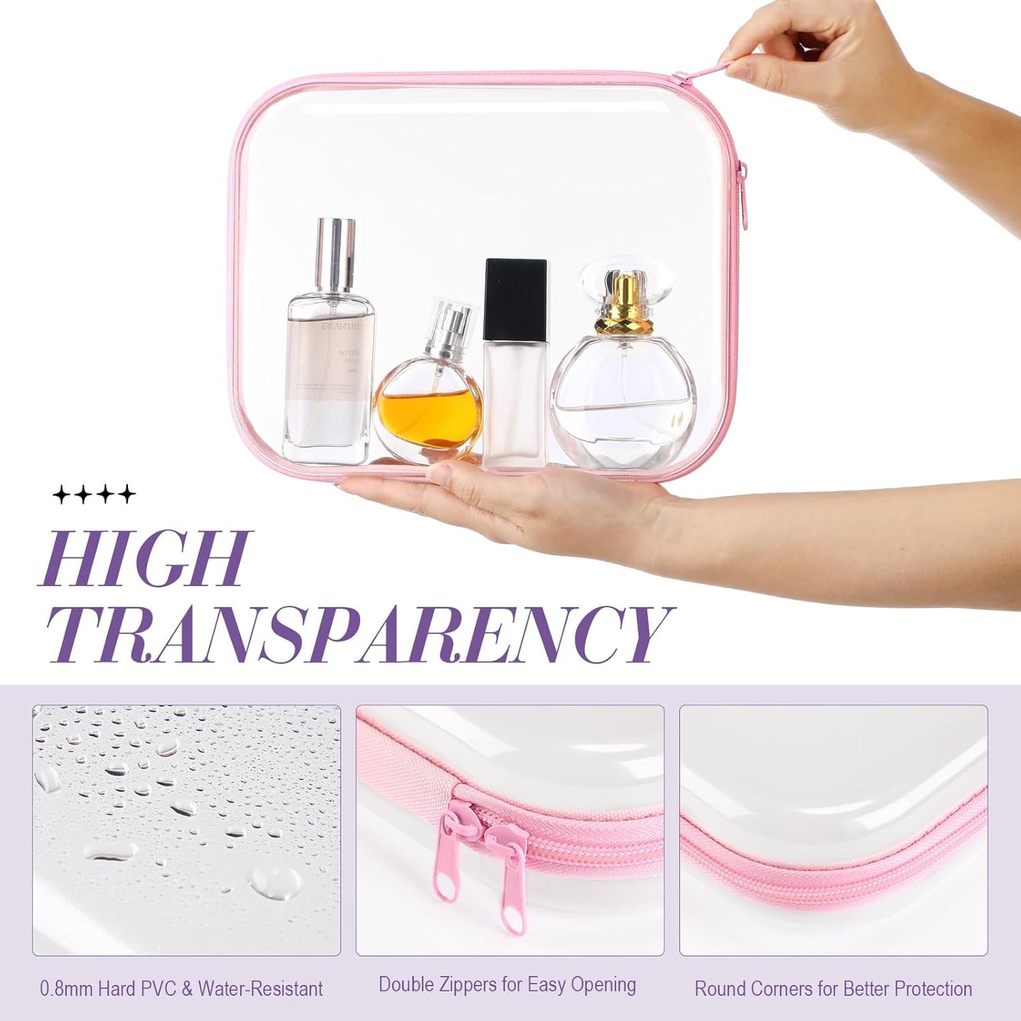 Hoolerry 4 Pcs Hard Clear Zipper Case Makeup Bags Plastic Pencil Pouch Transparent Storage Box Containers for Cosmetics, Snacks, Building Blocks, Puzzles(Multicolor,9.8 x 7.9 x 2 in)-FemmiqueWomen