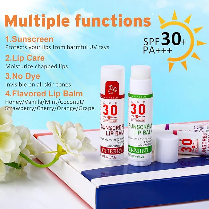 SPF 30 Lip Balm with Sunscreen, SPF Lip Balm Bulk Travel Size-32 Pack, Hydrating Lip Balm Pack with Vitamin E and Coconut Oil- 8 Flavors-FemmiqueWomen