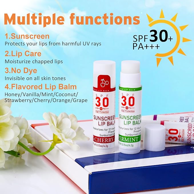 SPF 30 Lip Balm with Sunscreen, SPF Lip Balm Bulk Travel Size-64 Pack, Hydrating Lip Balm Pack with Vitamin E and Coconut Oil- 8 Flavors-FemmiqueWomen