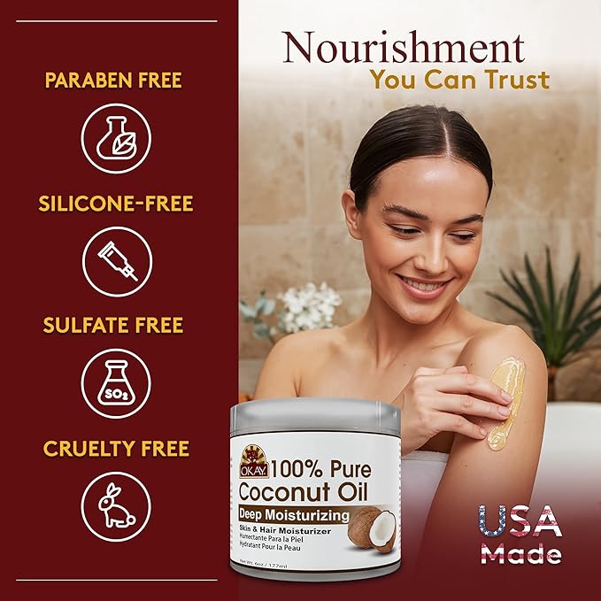 Okay 100% Pure Coconut Oil for Hair & Skin - Coconut Oil for Women & Men, Perfect for Hair & body, Natural Massage Oil & Moisturizer - 6 fl oz Jar (Pack of 1)-FemmiqueWomen