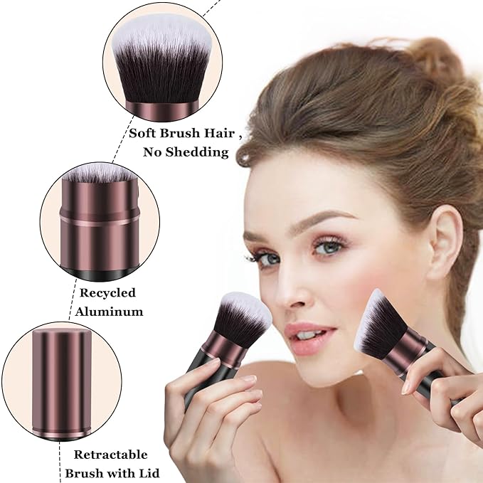 Retractable Makeup Brush, Travel Kabuki Powder Makeup Brush 2 Pack, Foundation Face Blush Brushes for Blending Liquid, Blush, Bronzer, Buffing, Sunscreen,Flawless Cosmetics-FemmiqueWomen