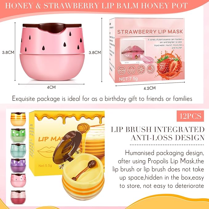 12 Pcs Bee Lip Balm Honey Pot with Brush Propolis Lip Mask Overnight, Moisturizing Hydrating Lip Sleeping Mask Prevention Dry and Cracked(Honey+Peach+Grape+Strawberry+Apple Lime+Mint)-FemmiqueWomen