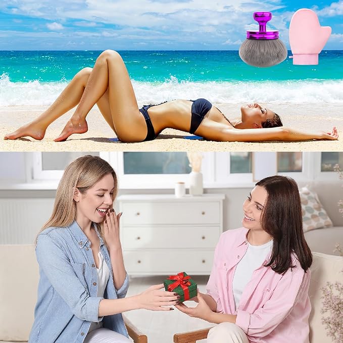 Self Tanner Brushes- Extra Large Body Kabuki Brush & Tanning Mitt, 2 Pcs, Big Body Makeup Brush for Legs, Face, Soft Self Tanning Glove Applicator for Fake Tan, Foundation, Lotion, Makeup (Purple)-FemmiqueWomen