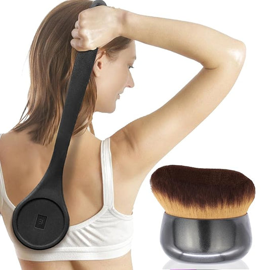 Extra Large Body Makeup Brush For Self Tanner, Sunscreen, Self Tan Back Applicator, Wide-Headed Kabuki Brush for Even& Pretty Lotion Application. Bronzer Blend, Long-Handle Face Leg Brush- Black Set-FemmiqueWomen