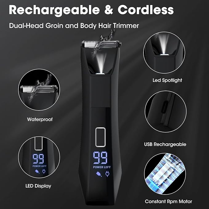 2-in-1 Manscape Trimmer for Men,Body & Groin Hair Trimmers for Men,Bikini Trimmer Women- Wet/Dry Electric Razors for Smooth No-Nick Shaving,IPX7 Waterproof Ball Shaver,LED Display,Black-FemmiqueWomen