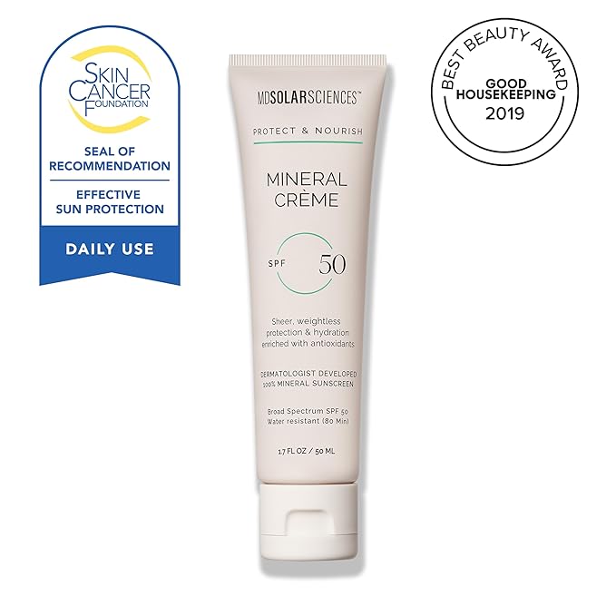 MDSolarSciences Mineral Crème Sunscreen SPF 50 | Water-Resistant, Broad Spectrum UV Protection | Zinc Oxide Formula with Antioxidants | No White Cast, Sheer Matte Finish for All Skin Types (1.7 Fl Oz)-FemmiqueWomen