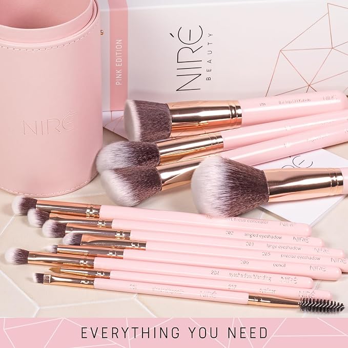 Niré Beauty 15piece Award Winning Pink Makeup Brushes: Pink Makeup Brush Set with Case, Makeup Sponge, Brush Cleaner, Guide, Gift Box-FemmiqueWomen